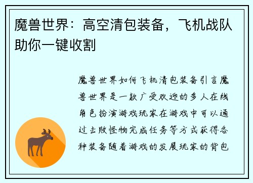 魔兽世界：高空清包装备，飞机战队助你一键收割